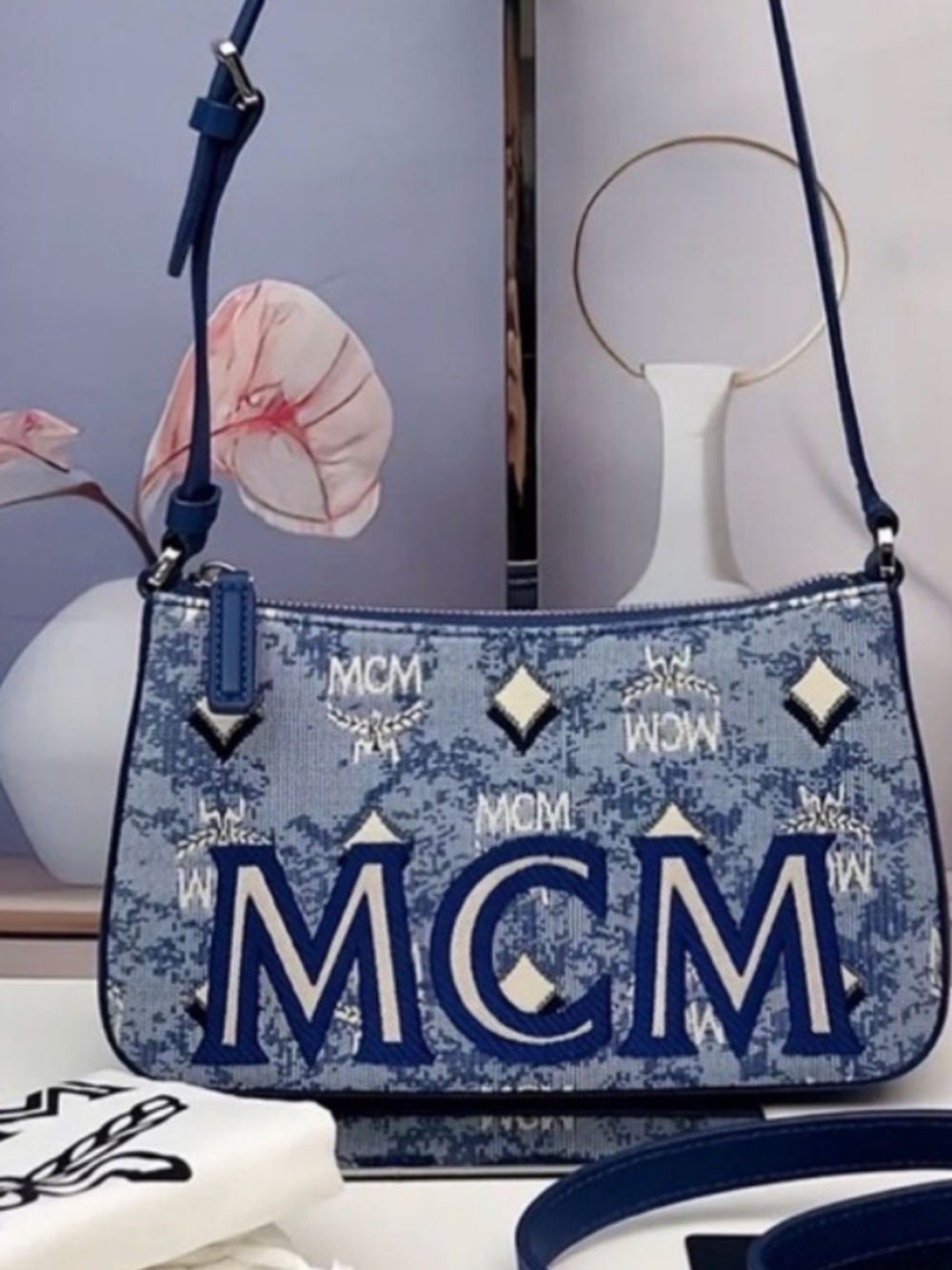 MCM Blue White Logo Jacquard Crossbody Bag